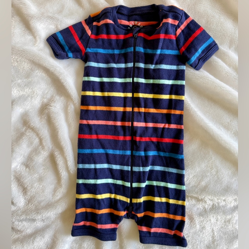Primary Navy Short-Sleeve One-Piece with Rainbow Stripes
